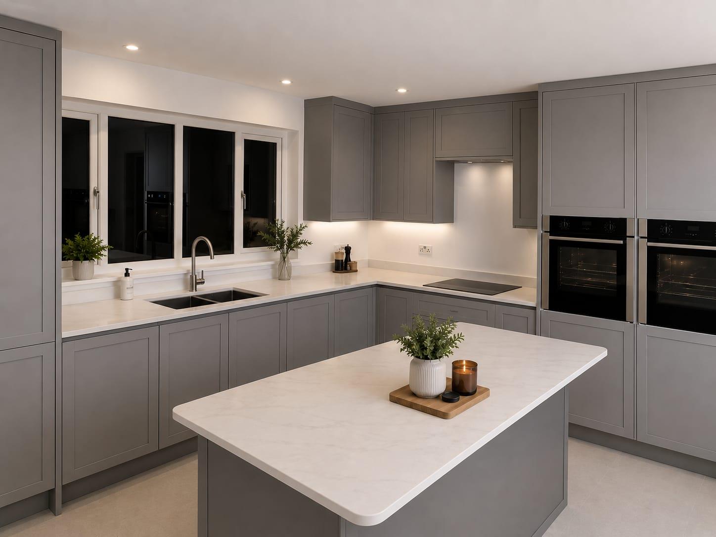 Grey shaker kitchen with marble-top island, double oven and under-cabinet lighting
