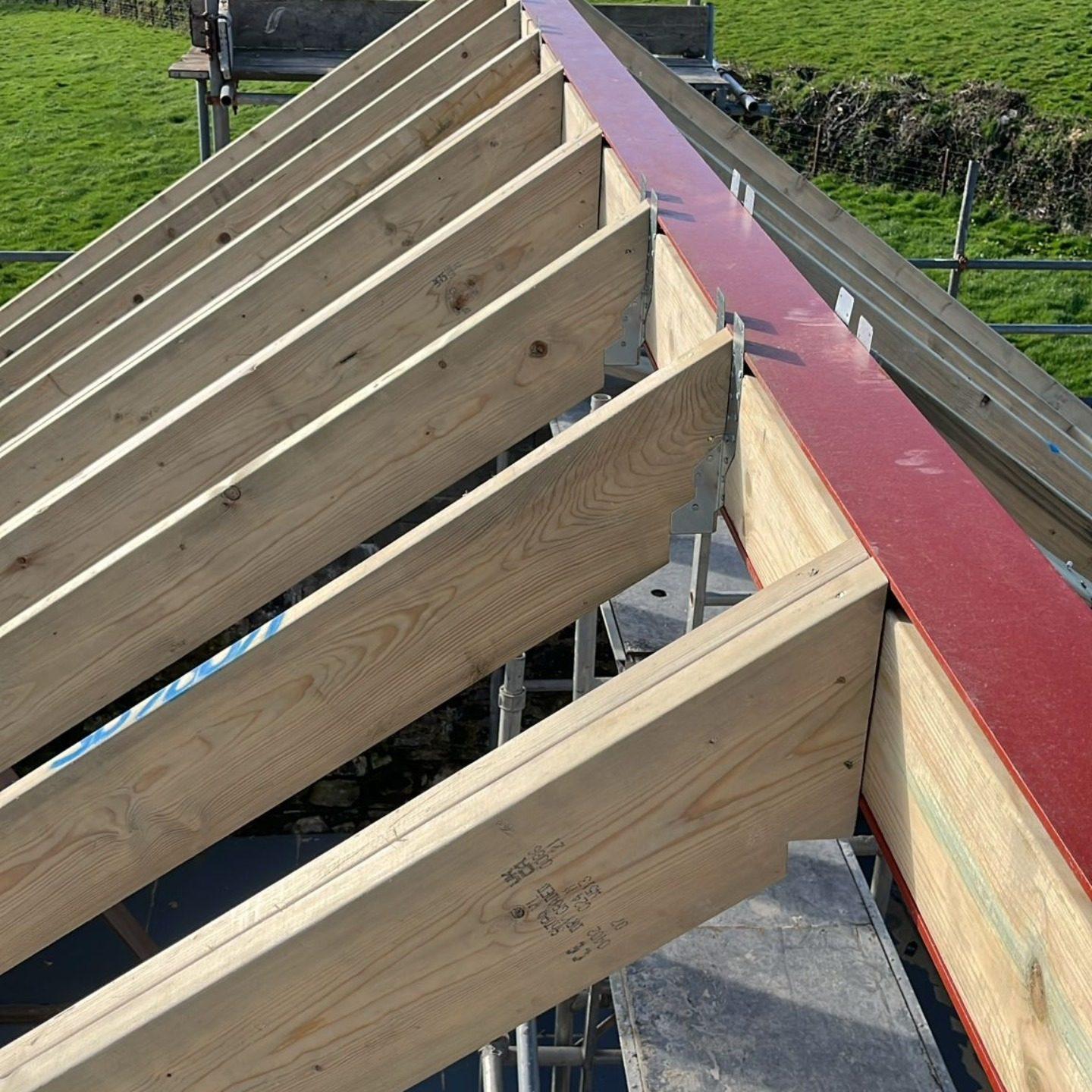 New timber roof joists and ridge with rural field views