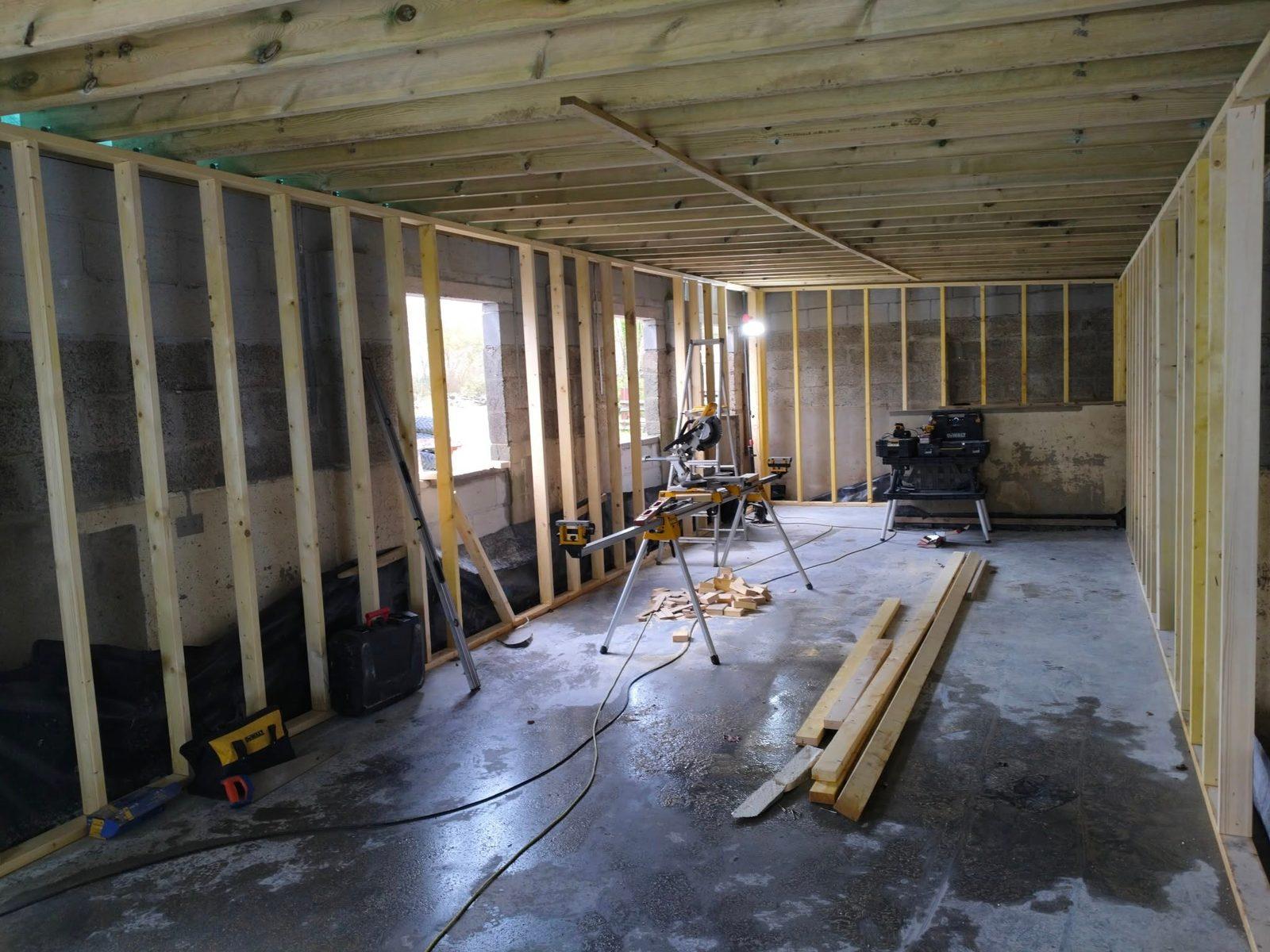 Timber stud framing and joists during a new build fit-out